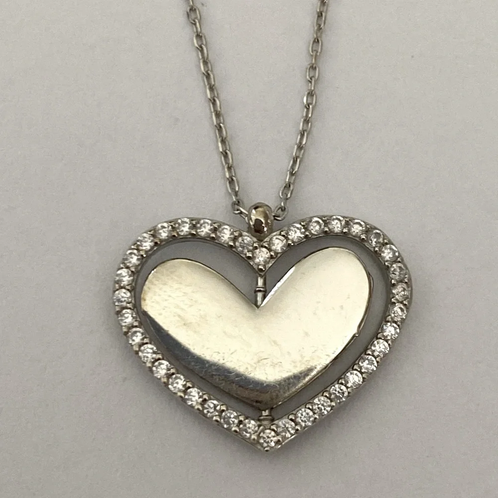 💗 Reversible spinning 925 silver heart necklace clear cubic zirconia cz stones